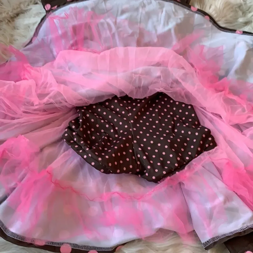 1950’s Style Brown & Pink Polka Dot dress with Tulle underskirt - L or XL Child